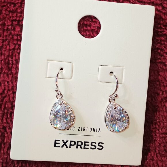 NEW Express Silver Cubic Zirconia Halo Teardrop Earrings - Picture 1 of 6